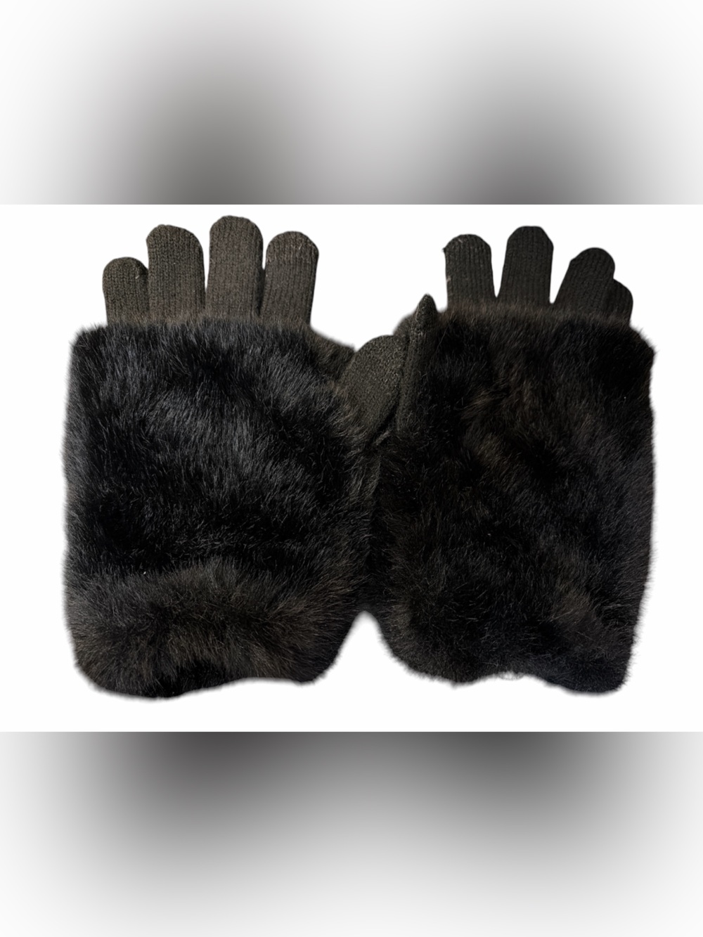 Steve Madden Black Faux Fur Convertible Mittens GUC #423